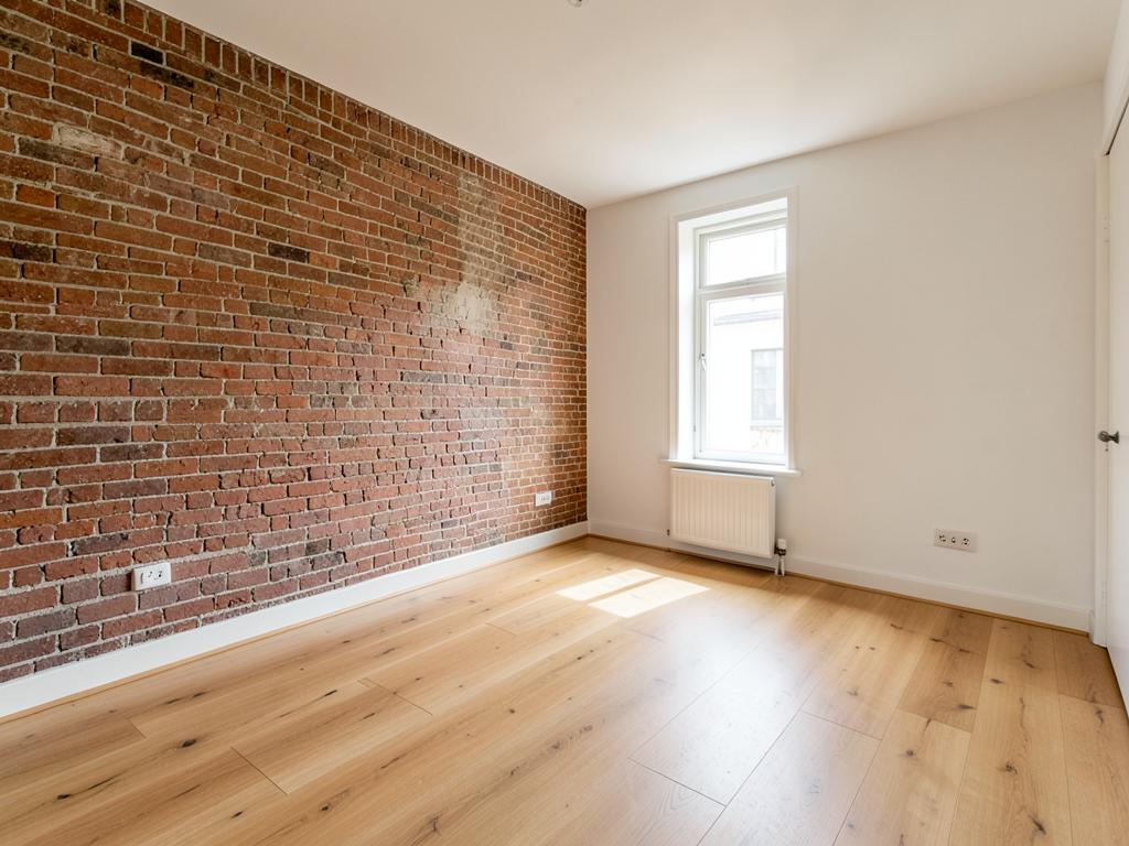 Gerenoveerde woonkamer met eikenhouten vloer, gestucte wanden en zichtbare baksteen